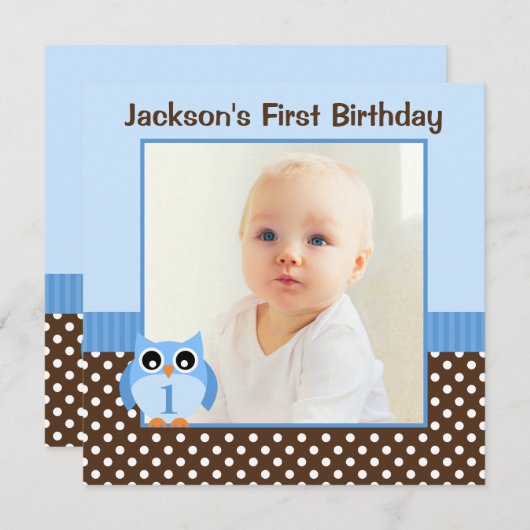ブルーフクロウ茶水玉模様1stバースデーボーイフォト 招待状 (正面/裏面)