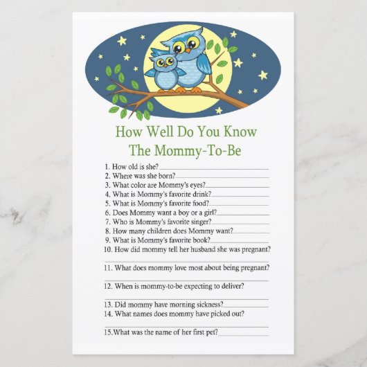 ブルーフクロウ赤ちゃんシャワーゲームをどれだけ知っているか (正面)