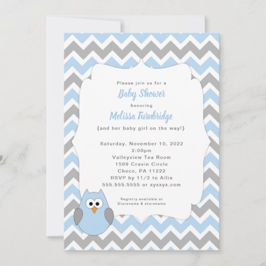 ブルーフクロウ赤ちゃんシャワー招待状、男の子ベビーの散水 招待状 (正面)