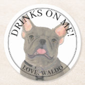 ブルーフパーソナライズされたレンキフランスのブルドッグ結婚ズ ラウンドペーパーコースター (正面)
