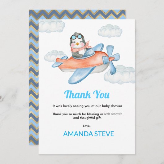 ブルーフライトペンギンベビーシャワーサンキューカード サンキューカード (正面/裏面)