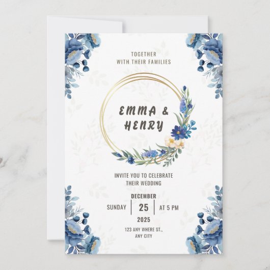 ブルーフラズアンドギルド金ゴールド結婚式招待状 招待状 (正面)