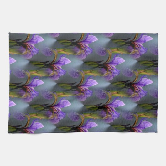 ブルーフラッグアイリスフラワー自然アートパターン キッチンタオル (横)