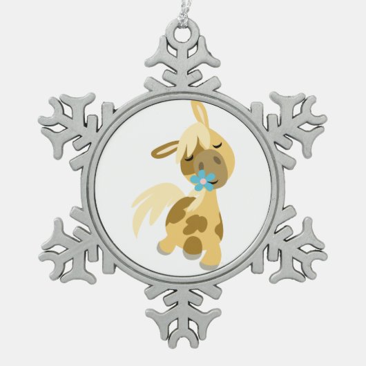 ブルーフラワーとかわいい漫画ポニーペーターオーナメント スノーフレークピューターオーナメント (正面)