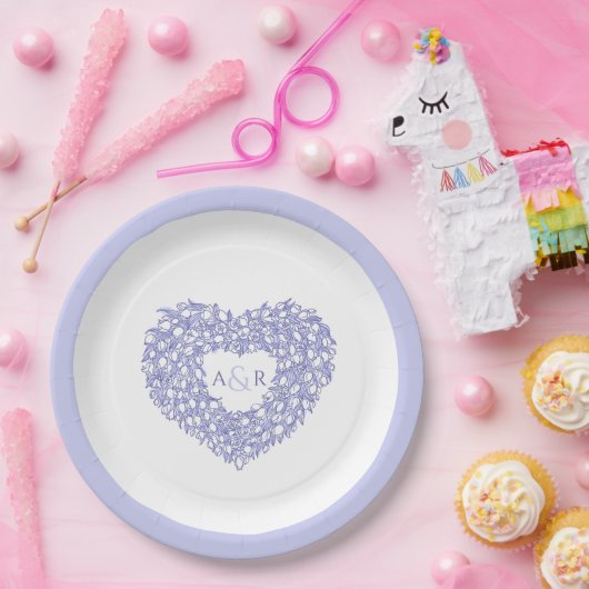ブルーフラワーのチュー結婚リップハートブーケモノグラム ペーパープレート (パーティー)