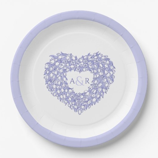 ブルーフラワーのチュー結婚リップハートブーケモノグラム ペーパープレート (正面)
