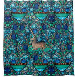 ブルーフラワーアクアブルーグリーンフローラの中のユニコーン シャワーカーテン