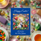 ブルーフラワーイースターラビットステンドグラス シーズンカード