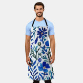 ブルーフラワーウォーターカラーアートパターン エプロン (着用した状態)