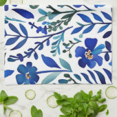 ブルーフラワーウォーターカラーアートパターン キッチンタオル (折り畳み)