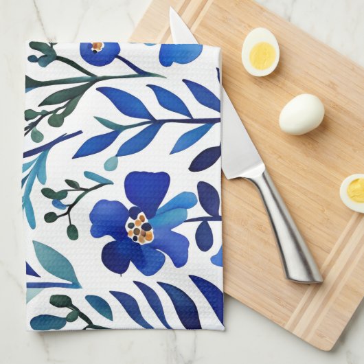 ブルーフラワーウォーターカラーアートパターン キッチンタオル (四つ折り)
