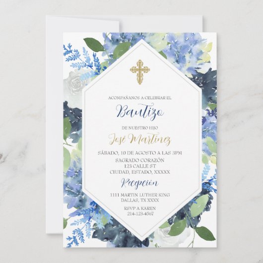 ブルーフラワーウォーターカラーバウティゾスペインの招待状 招待状 (正面)