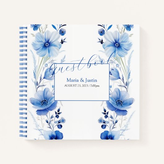 ブルーフラワーウォーターカラーブーケゲストブック ノートブック (正面)