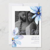 ブルーフラワーウォーターカラー白黒写真結婚の写真 セーブザデート (正面)