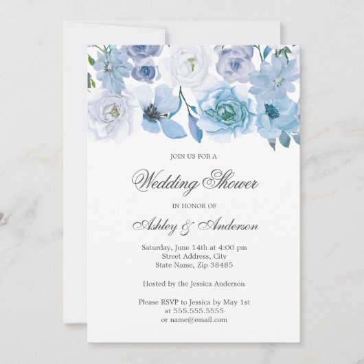 ブルーフラワーエレガントなウェディングシャワー招待状 招待状 (正面)