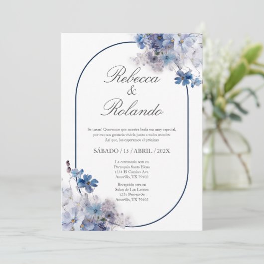 ブルーフラワーエレガントウェディング招待状スペインのイン 招待状 (スタンド正面)