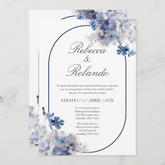 ブルーフラワーエレガントウェディング招待状スペインのイン 招待状 (正面/裏面)