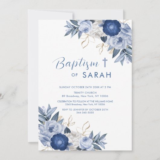 ブルーフラワーエレガントバプテスマ《キリスト教》洗礼式や命名式クロス 招待状 (正面)