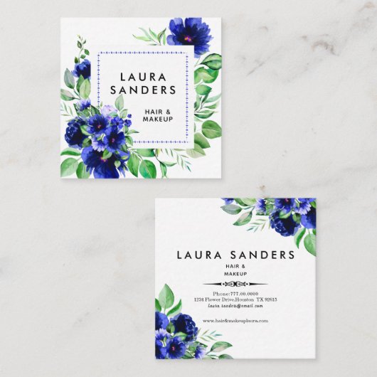 ブルーフラワーエレガントヘア&メイクアップ スクエア名刺 (正面/裏面)
