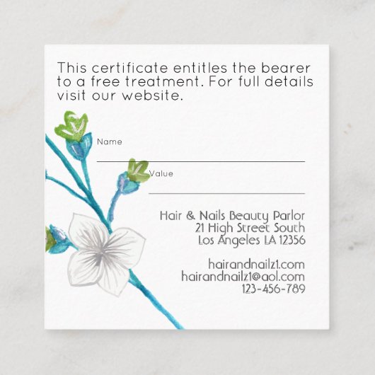 ブルーフラワーギフト証明書の追加ロゴ事業 スクエア名刺 (裏面)