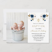 ブルーフラワークロスボーイズ双子フォトバプテスマ 招待状 (正面)