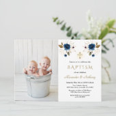 ブルーフラワークロスボーイズ双子フォトバプテスマ 招待状 (スタンド正面)