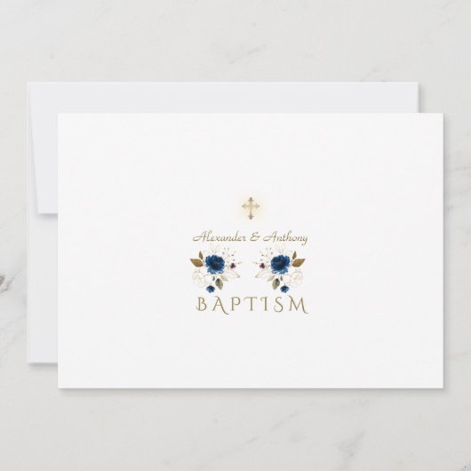 ブルーフラワークロスボーイズ双子フォトバプテスマ 招待状 (裏面)