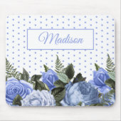 ブルーフラワーグリーン葉水玉模様モノグラムホワイト マウスパッド (正面)