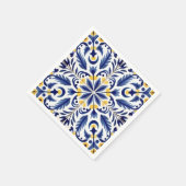 ブルーフラワースペインのイエローレモン スタンダードカクテルナプキン (角)