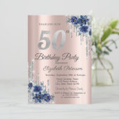 ブルーフラワーズグリッタードリップバラ金ゴールド50誕生日 招待状 (スタンド正面)