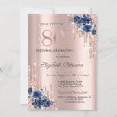 ブルーフラワーズグリッタードリップバラ金ゴールド80th 招待状 (正面)