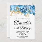 ブルーフラワーズゴールドフォイルグラム60誕生日 招待状 (正面)