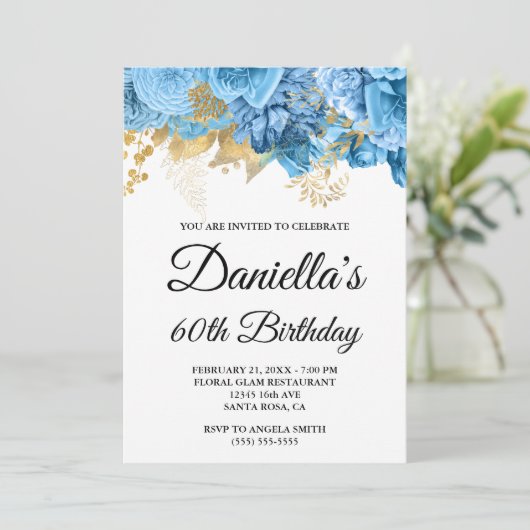 ブルーフラワーズゴールドフォイルグラム60誕生日 招待状 (スタンド正面)