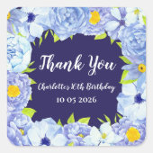 ブルーフラワーズサンキュー誕生日メッセージカード スクエアシール (正面)