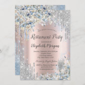 ブルーフラワーズシルバーグリッタードリップスリタイアメント 招待状 (正面/裏面)
