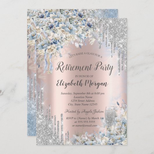ブルーフラワーズシルバーグリッタードリップスリタイアメント 招待状 (正面/裏面)