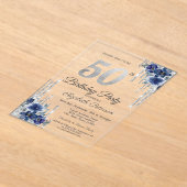 ブルーフラワーズシルバーグリッタードリップス50誕生日 アクリル招待状 (レイダウン)