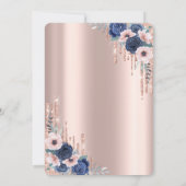 ブルーフラワーズバラ金ゴールドドリップスシルバー80誕生日 招待状 (裏面)