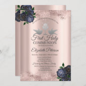 ブルーフラワーズバラ金ゴールドファーストホーリーコミュニオン 招待状 (正面/裏面)