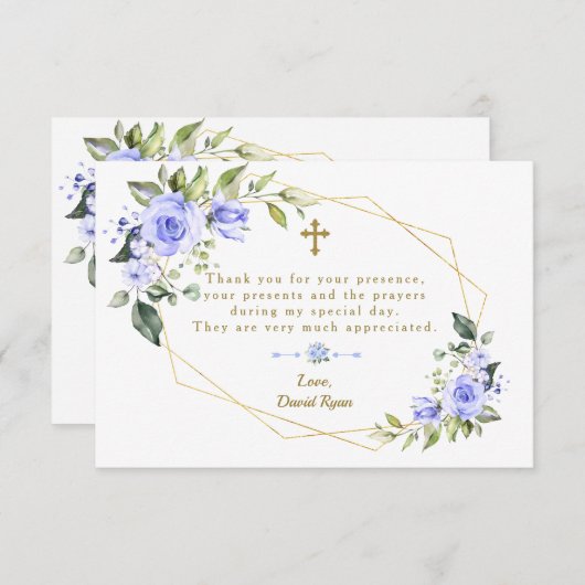 ブルーフラワーズフレームクロスボーイバプテスマ サンキューカード (正面/裏面)