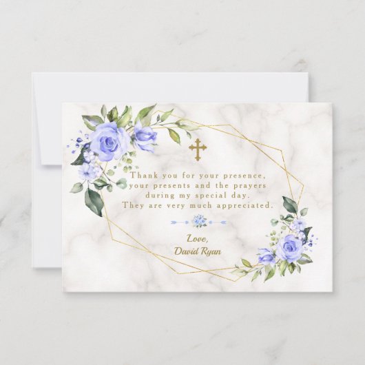 ブルーフラワーズフレームクロスマーブルボーバプテスマ サンキューカード (正面)