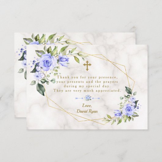 ブルーフラワーズフレームクロスマーブルボーバプテスマ サンキューカード (正面/裏面)
