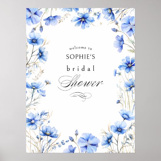 ブルーフラワーズフローラフレームブライダルシャワーへようこそ ポスター (正面)