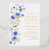 ブルーフラワーズブライダルシャワー金ゴールド 箔招待状 (正面)