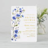 ブルーフラワーズブライダルシャワー金ゴールド 箔招待状 (立ち正面)