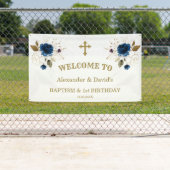 ブルーフラワーズボーイズツインズ1stバースデーウェルカムサイン 横断幕 (インサイチュ)