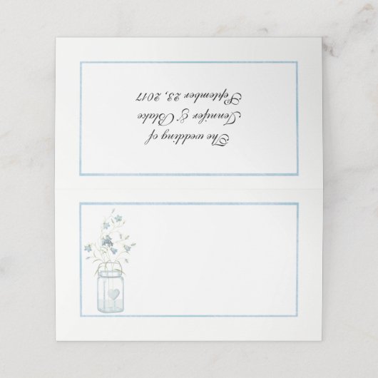 ブルーフラワーズメイソン結婚ジャーの折り畳み座席表 プレイスカード (外部開封)