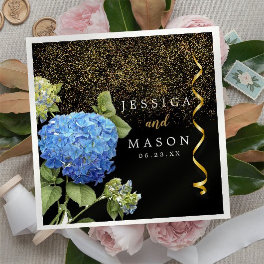 ブルーフラワーズモダン結婚カクテルナプキン スタンダードカクテルナプキン