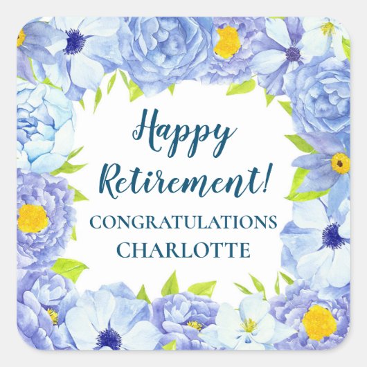 ブルーフラワーズリタイアメントパーティーの好意ラベル スクエアシール (正面)
