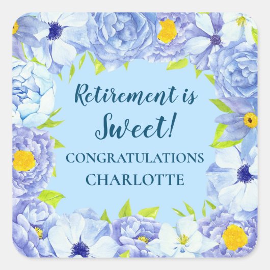 ブルーフラワーズリタイアメントパーティーの好意ラベル スクエアシール (正面)